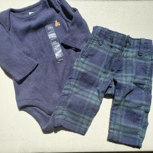 Gap Boys 0-3 Months Plaid Blue/Green Pants with Long Sleeve Onesie NEW Winter